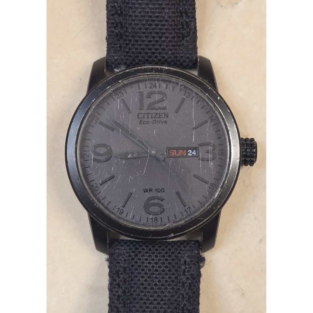 Citizen Eco-Drive Stealth Black E101 Day Date Men's Watch Nylon Strap Military